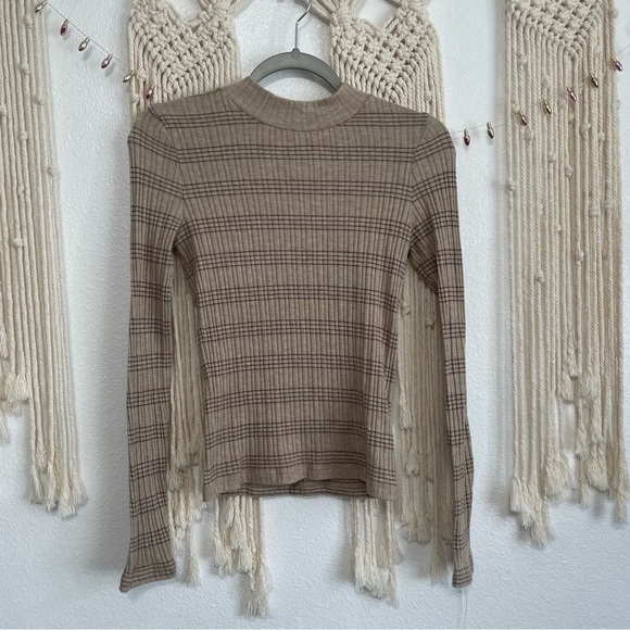 Vince Variegated Rib Striped Mock Neck Sweater Sz.XS Wheat/Dark Almond - Picture 2 of 7